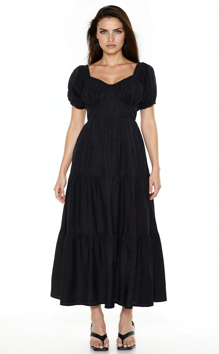 Tiered Puff-Sleeve Maxi Dress