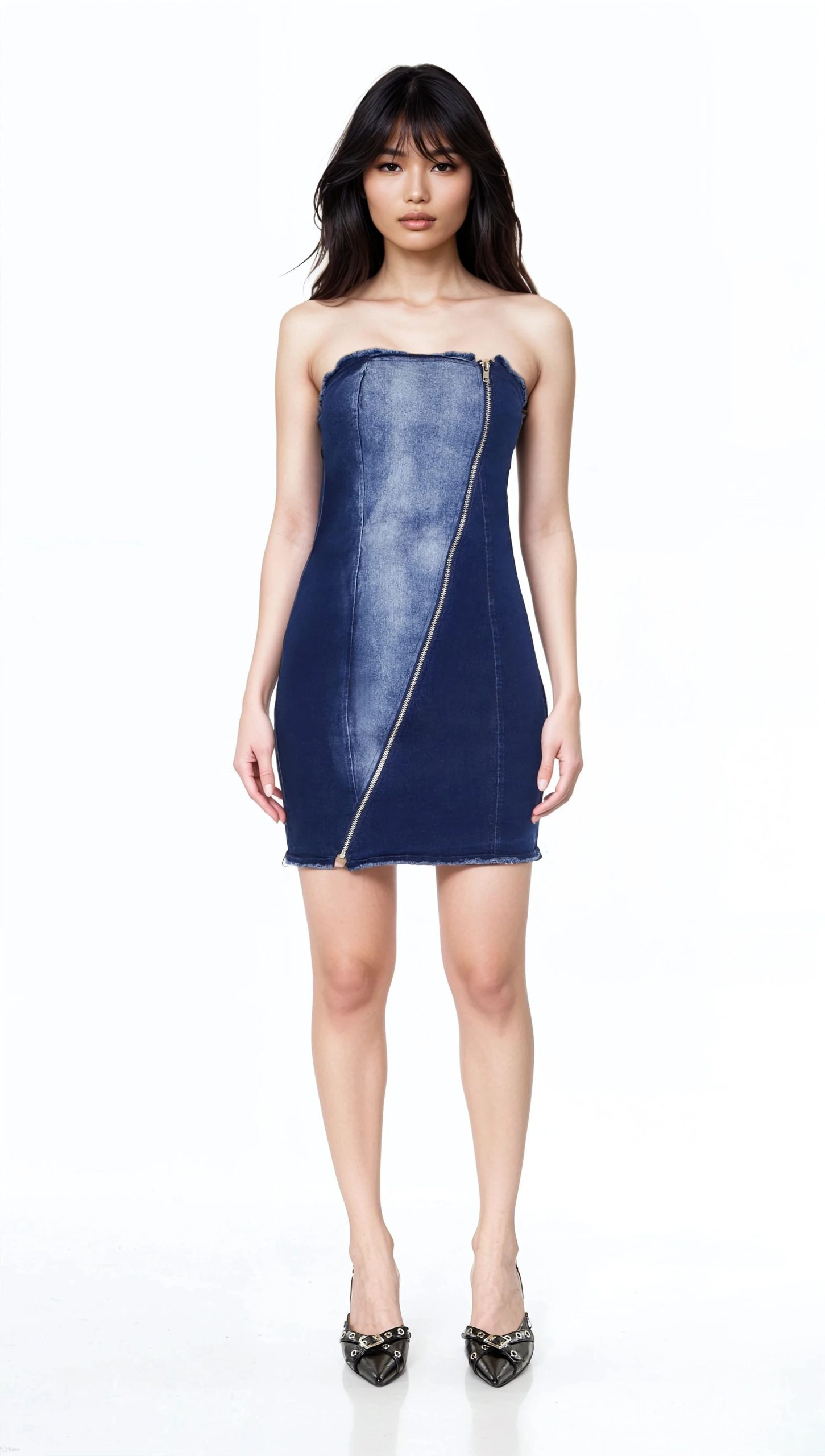 Zip-Up Denim Tube Mini Dress - Image 2