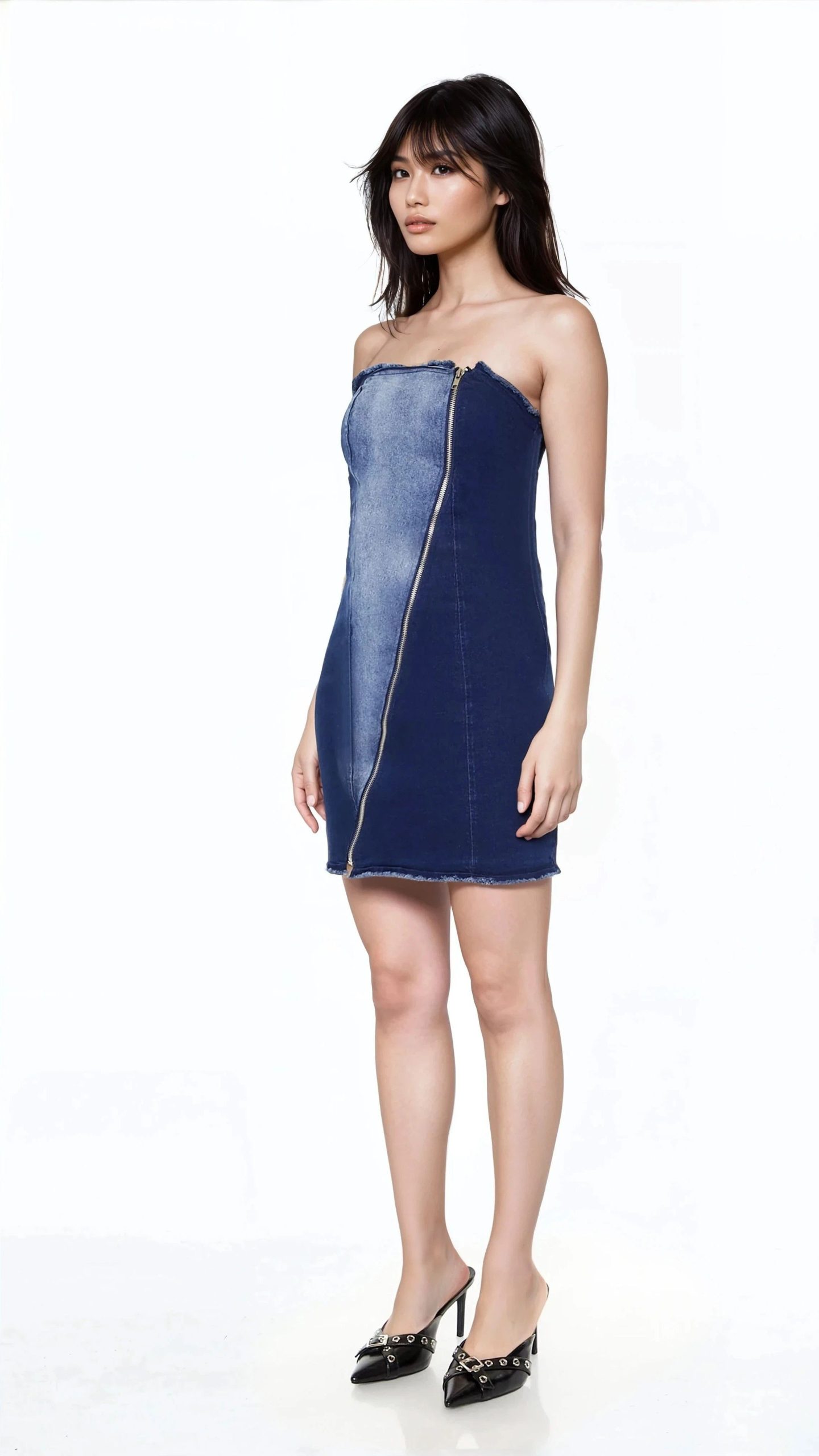 Zip-Up Denim Tube Mini Dress - Image 3
