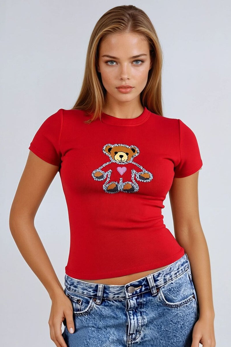Sequin Teddy Bear Graphic Baby Tee