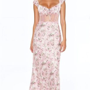 Lace-Trim Satin Floral Maxi Dress
