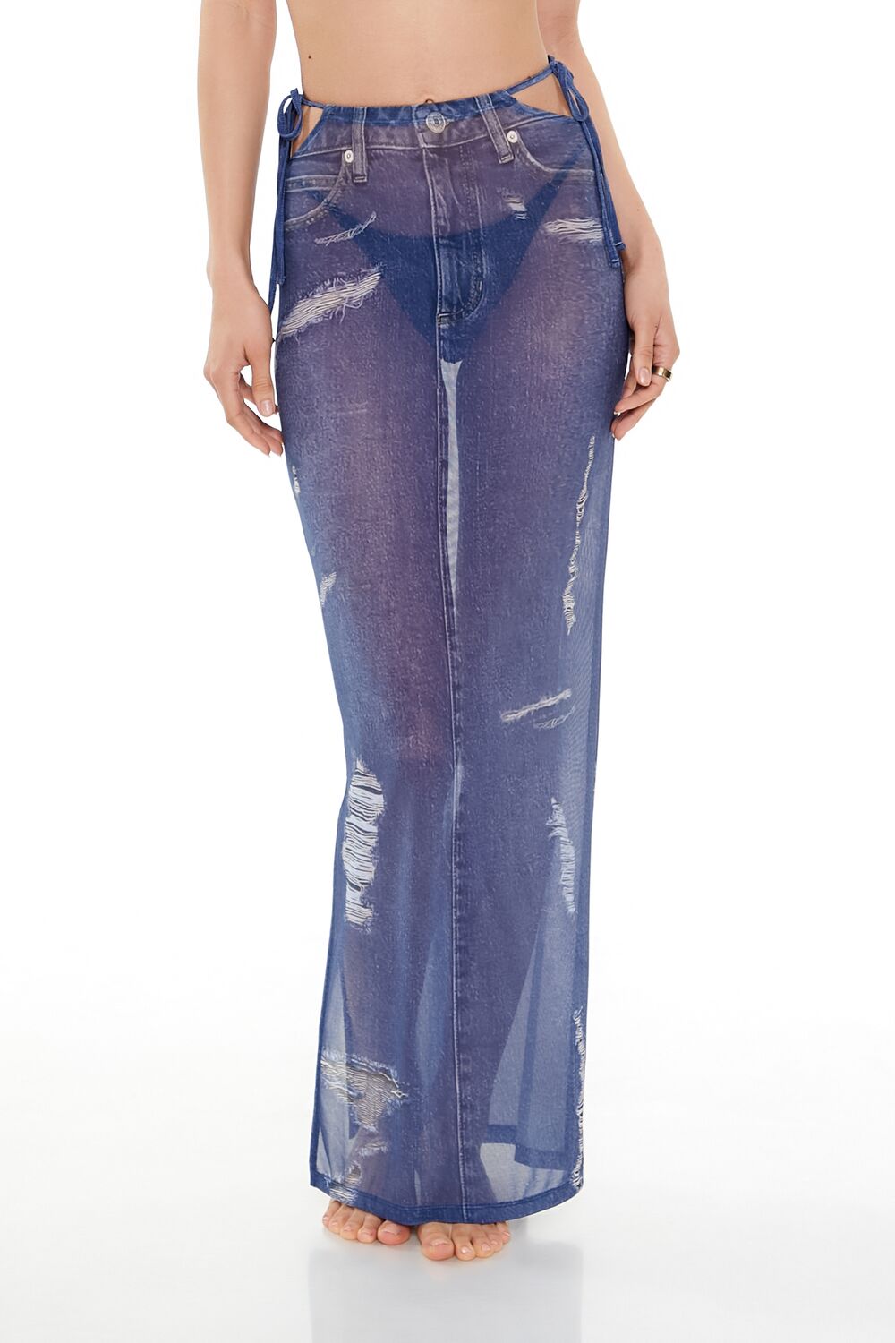 Printed Denim Cutout Maxi Swim Cover-Up Skirt - Image 2