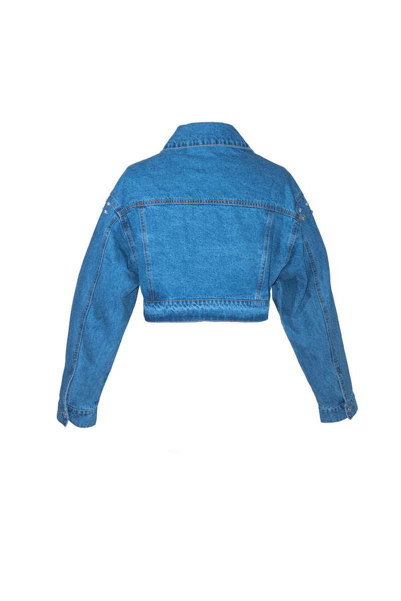 Cropped Rhinestone Denim Jacket - Image 2
