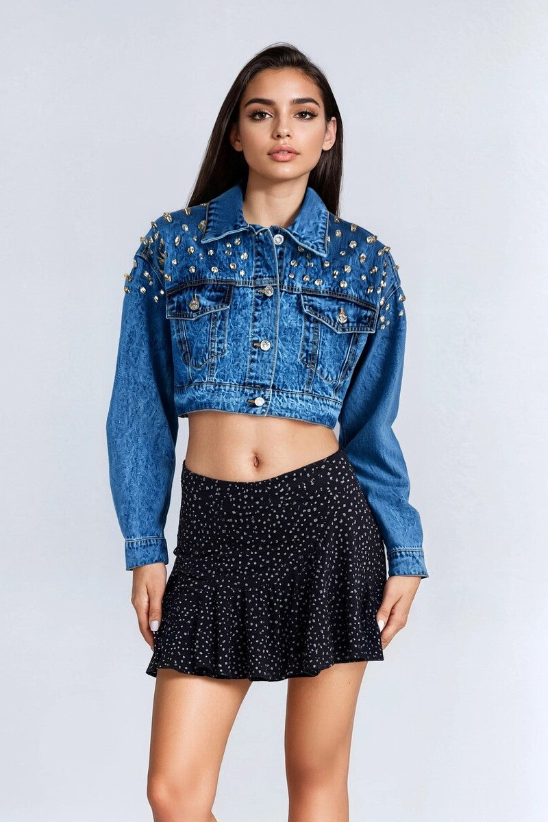 Cropped Rhinestone Denim Jacket