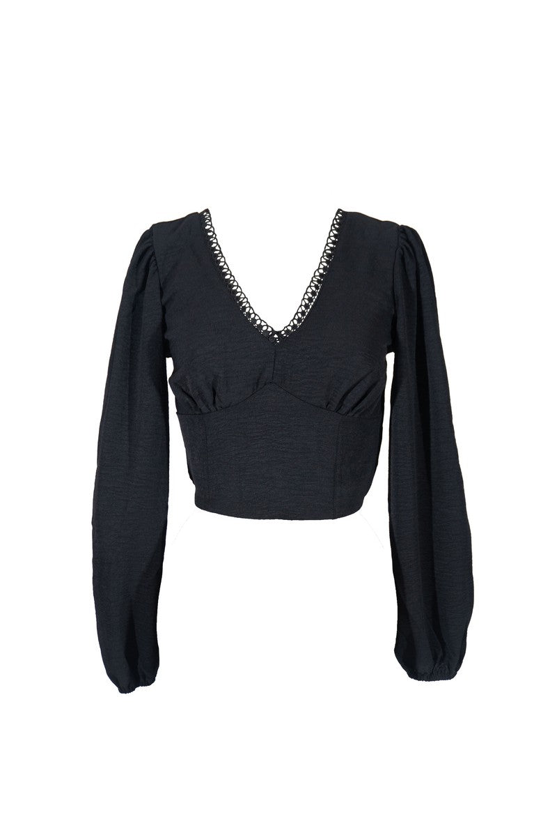 Peasant-Sleeve Lace-Trim Crop Top - Image 3