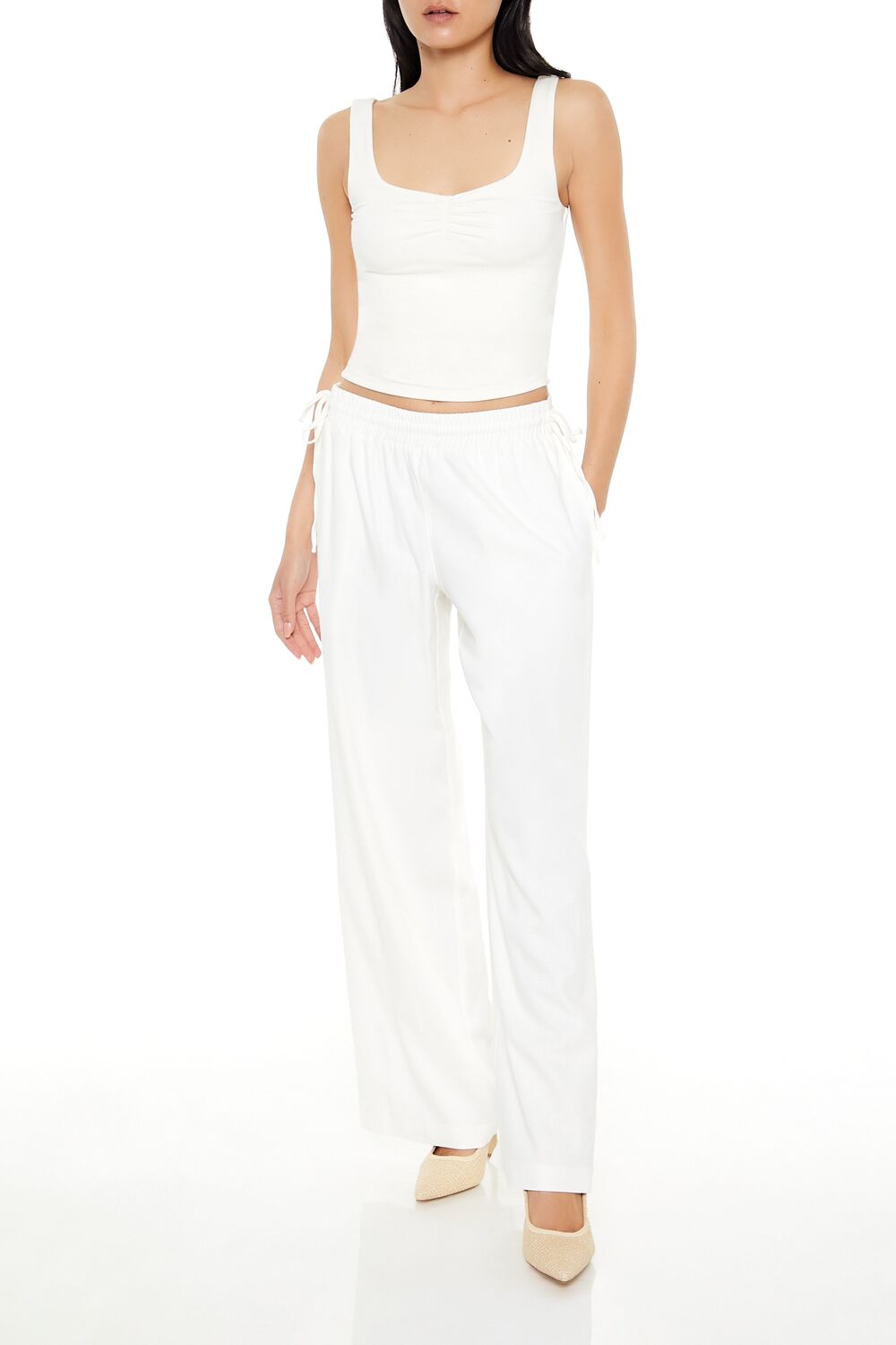 Shirred Tie-Waist Wide-Leg Pants
