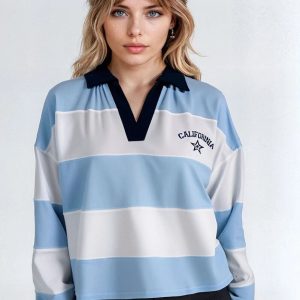 California Striped Graphic Long-Sleeve Polo Top