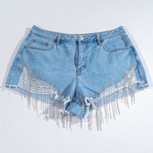 Plus Size Distressed Rhinestone-Fringe Denim Shorts