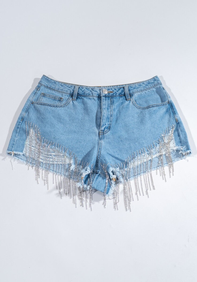 Plus Size Distressed Rhinestone-Fringe Denim Shorts