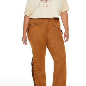 Plus Size Faux Suede Fringe Pants