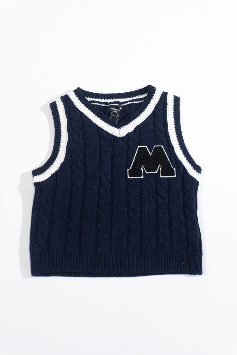 Kids Varsity Cable-Knit V-Neck Vest