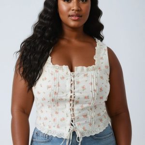 Plus Size Floral Tie-Front Lace Trim Top
