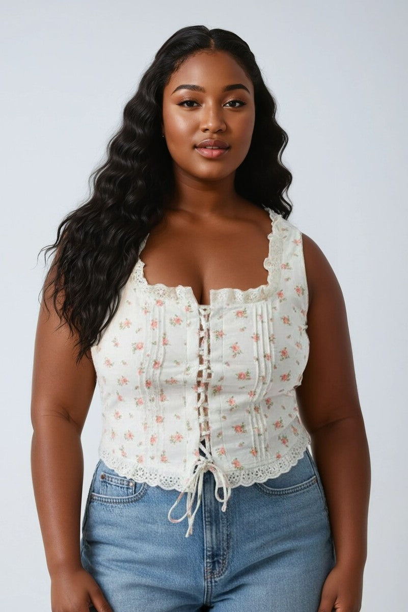 Plus Size Floral Tie-Front Lace Trim Top