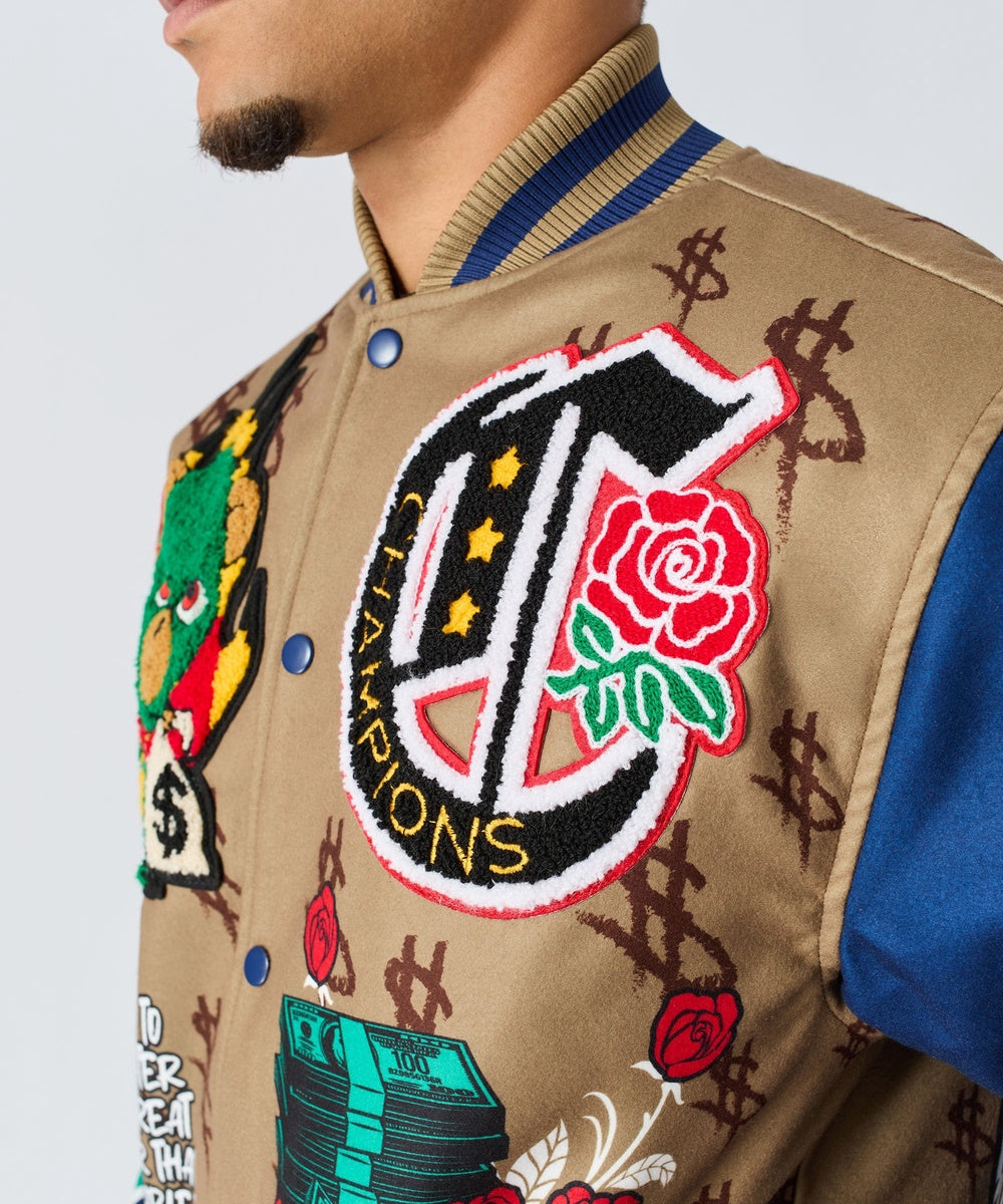 Paper Chaser Chenille Patched Varsity Jacket - Khaki - Image 2