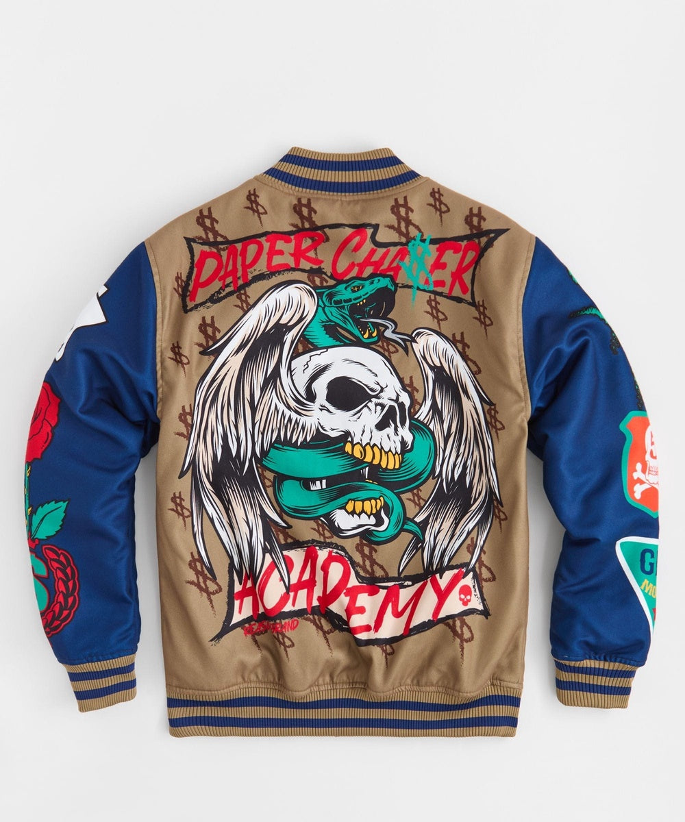 Paper Chaser Chenille Patched Varsity Jacket - Khaki - Image 6