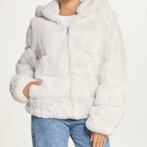 Short Faux Fur With Hood Ivory
