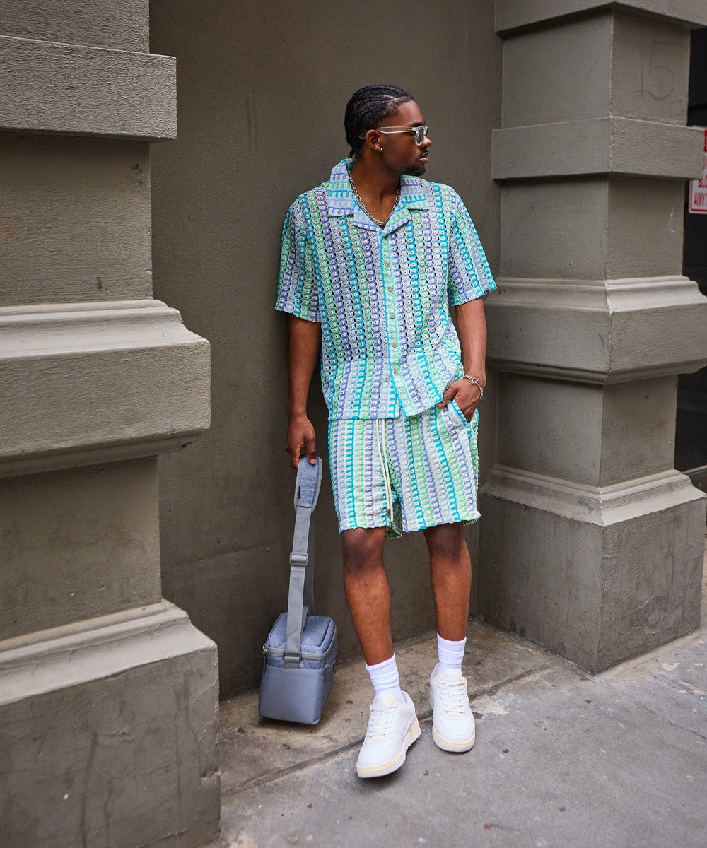 Textured Knit Short Sleeve Button Down Shirt - Light Blue - Image 34