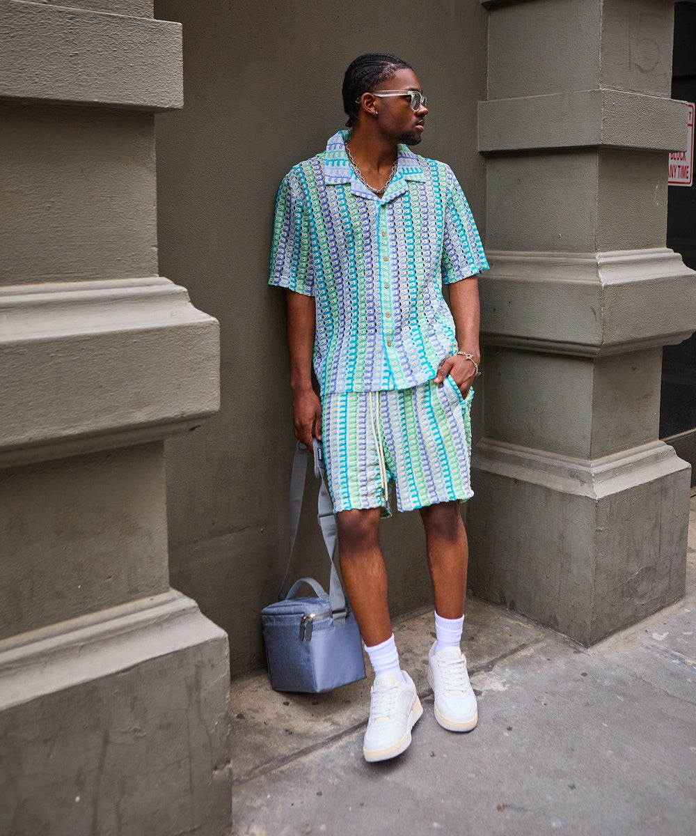 Textured Knit Short Sleeve Button Down Shirt - Light Blue - Image 32