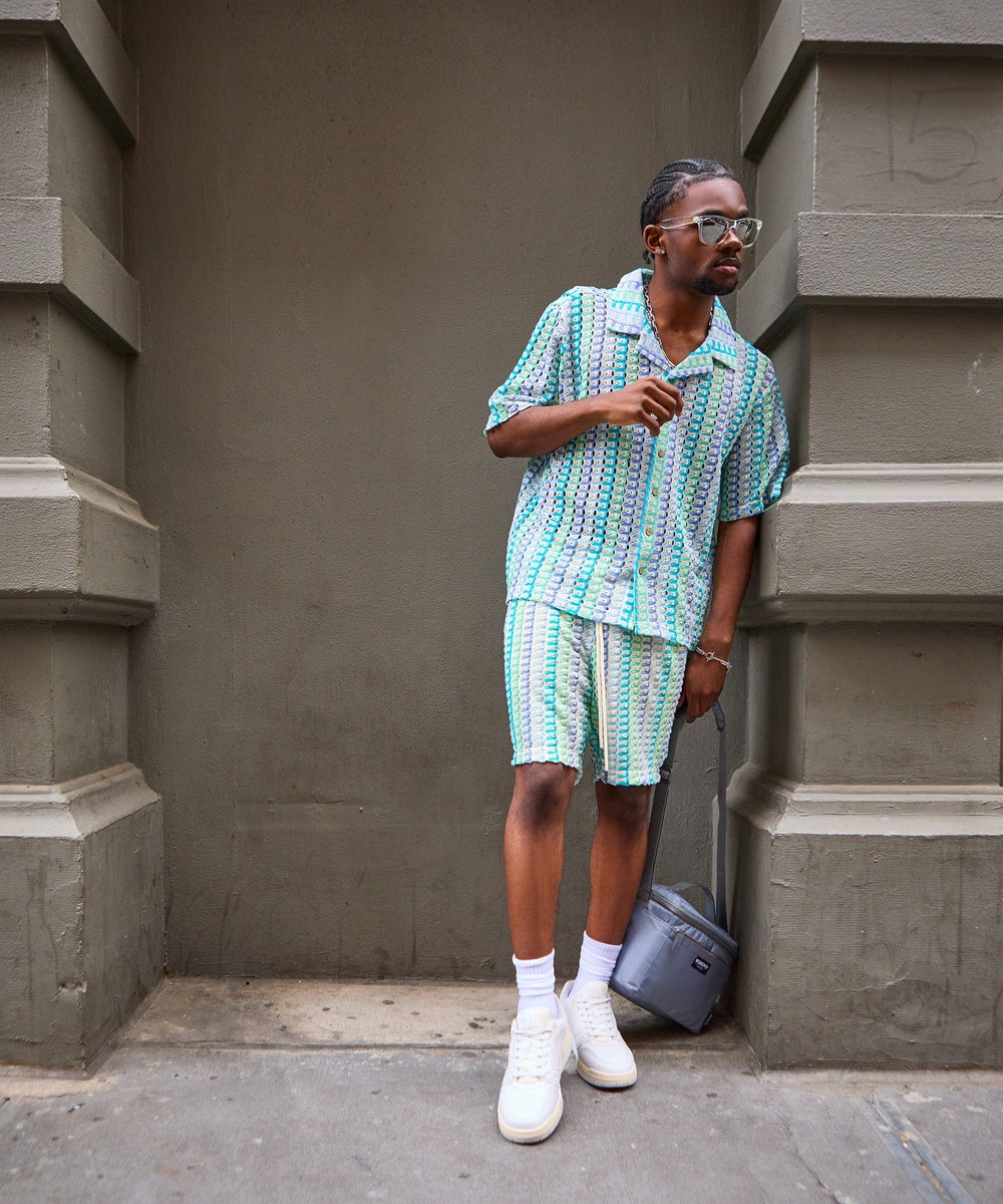 Textured Knit Short Sleeve Button Down Shirt - Light Blue - Image 26