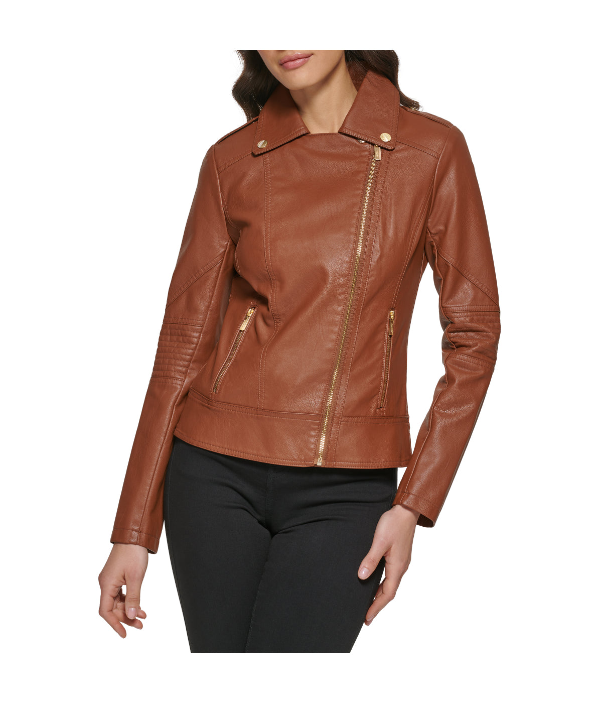 Faux Leather Asymmetrical Moto Jacket Cognac - Image 5