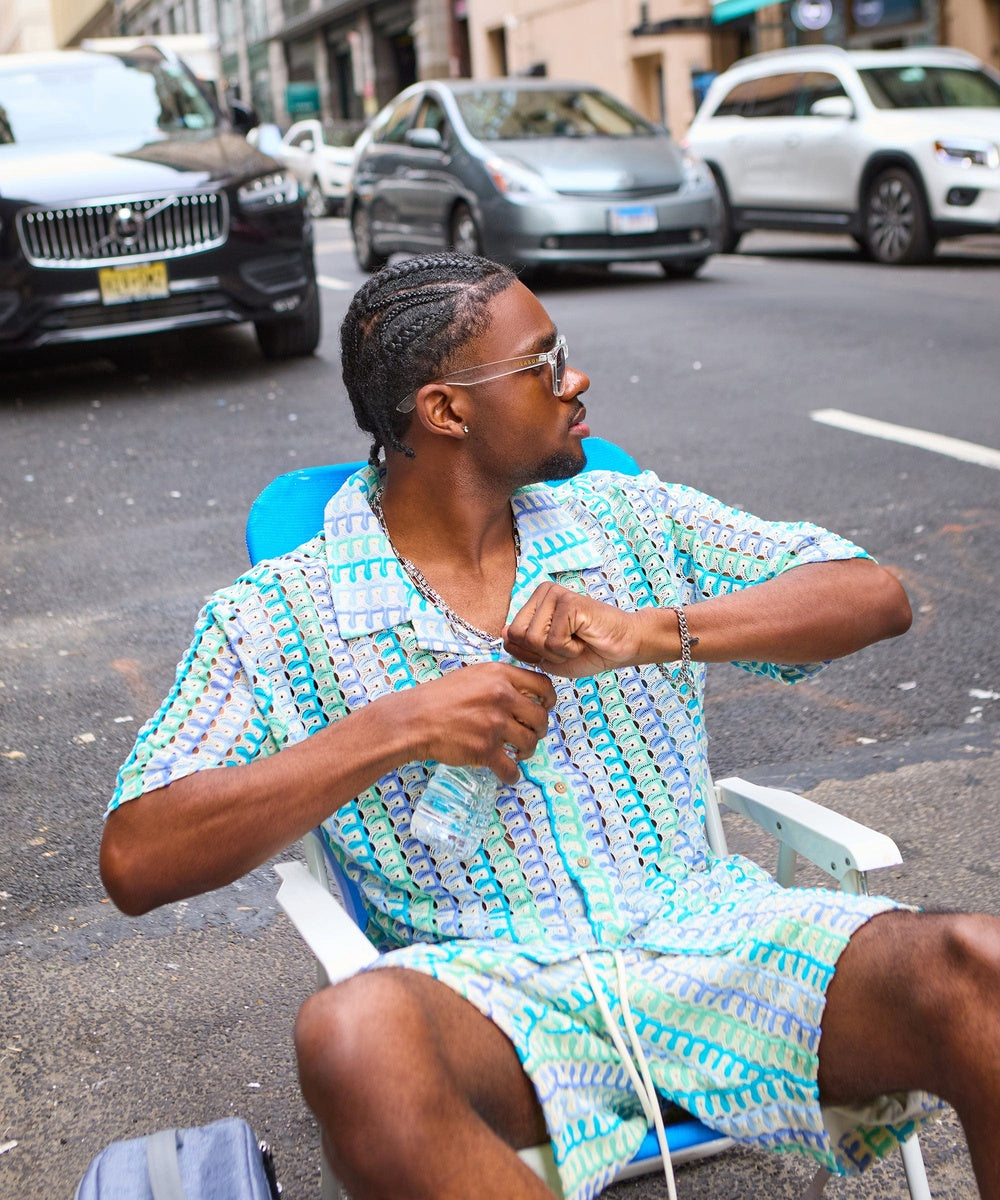 Textured Knit Short Sleeve Button Down Shirt - Light Blue - Image 23