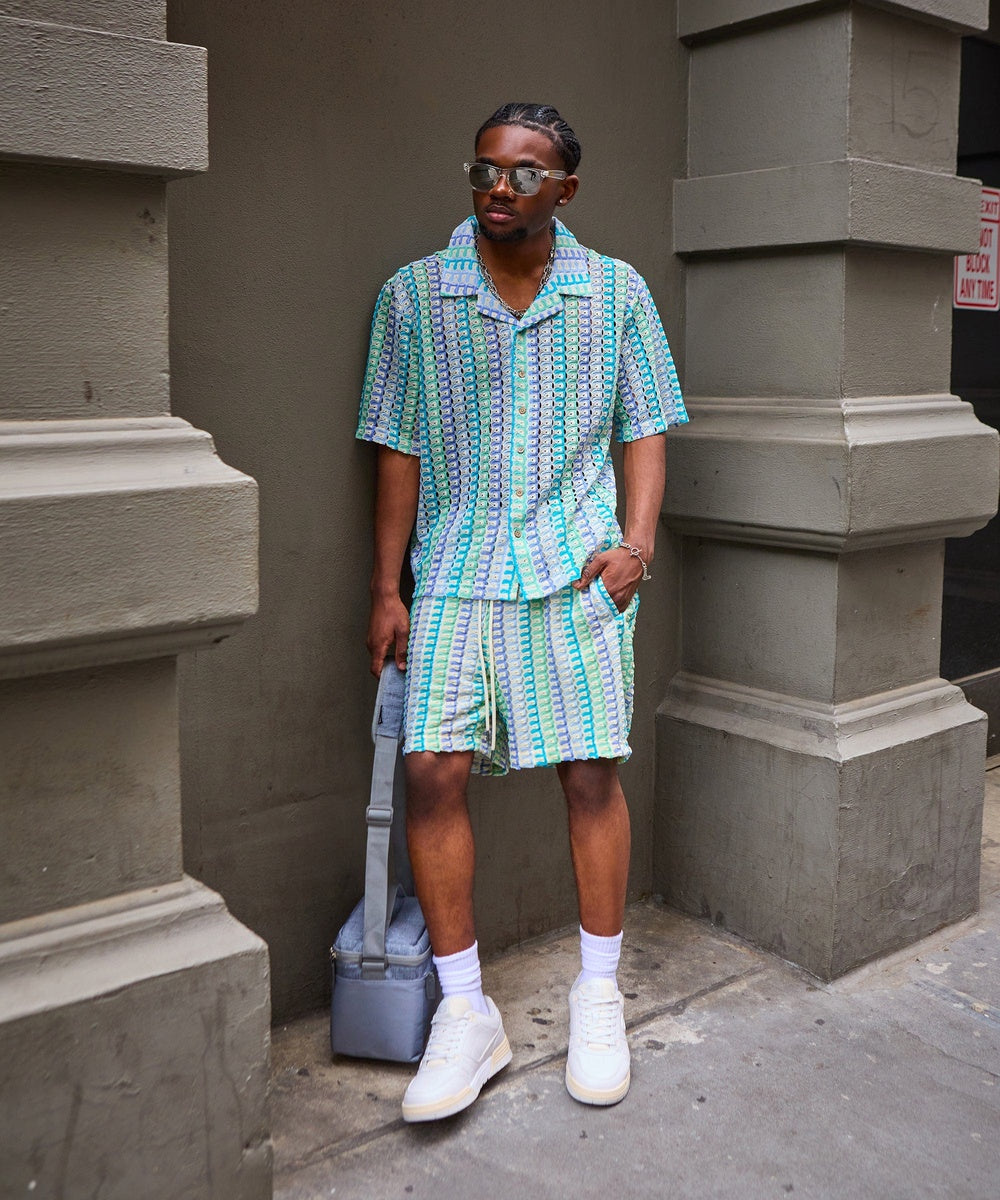Textured Knit Short Sleeve Button Down Shirt - Light Blue - Image 35