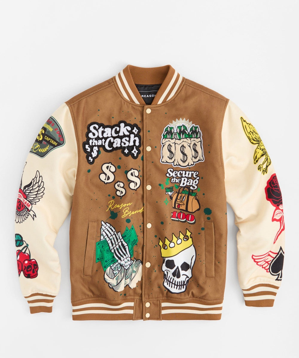 Cash Chenille Patched Varsity Jacket - Brown