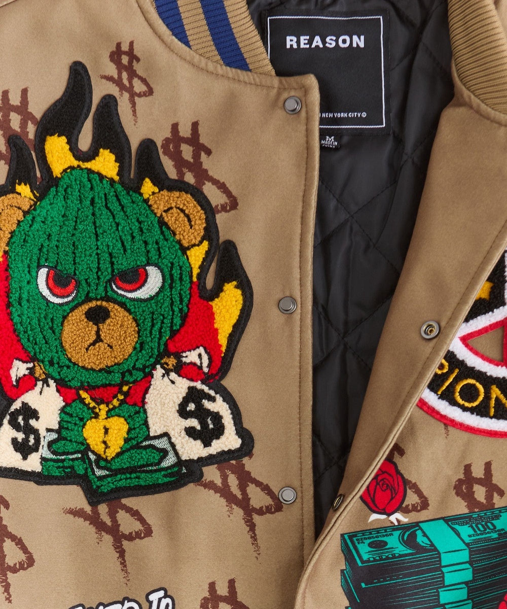 Paper Chaser Chenille Patched Varsity Jacket - Khaki - Image 4