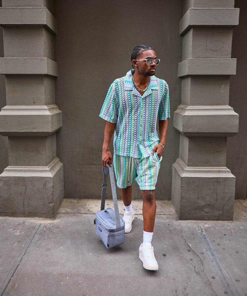 Textured Knit Short Sleeve Button Down Shirt - Light Blue - Image 31