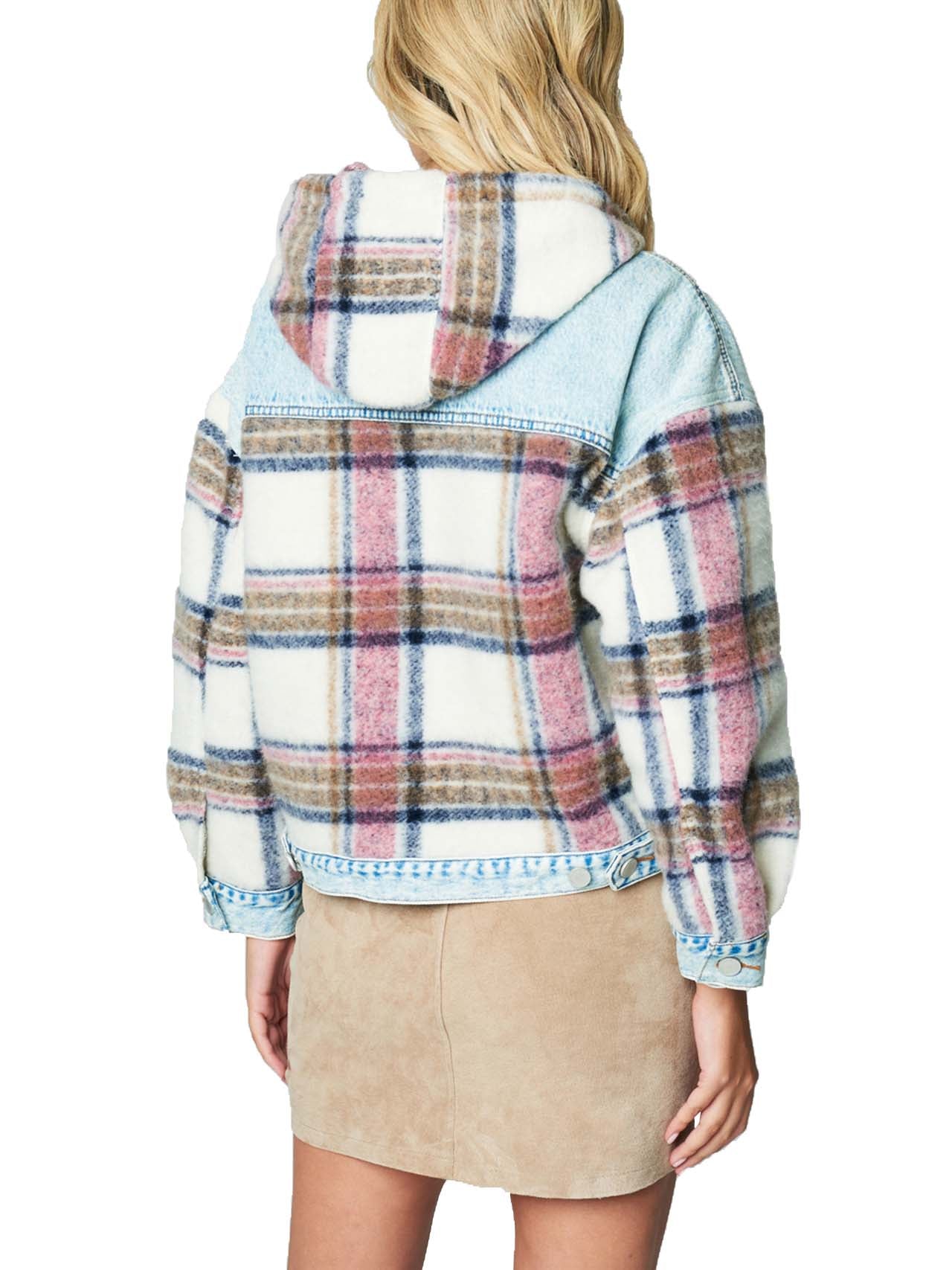 Hooded Denim & Plaid Patchwork Jacket - Image 2