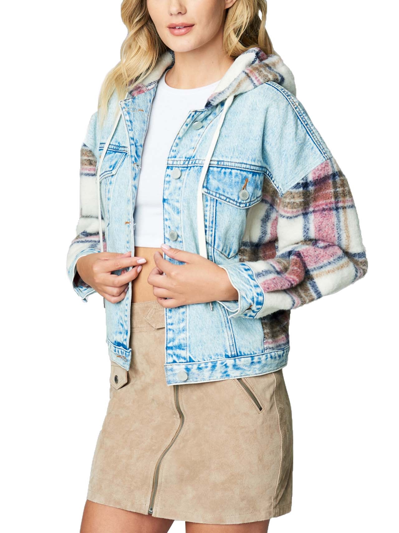 Hooded Denim & Plaid Patchwork Jacket - Image 3