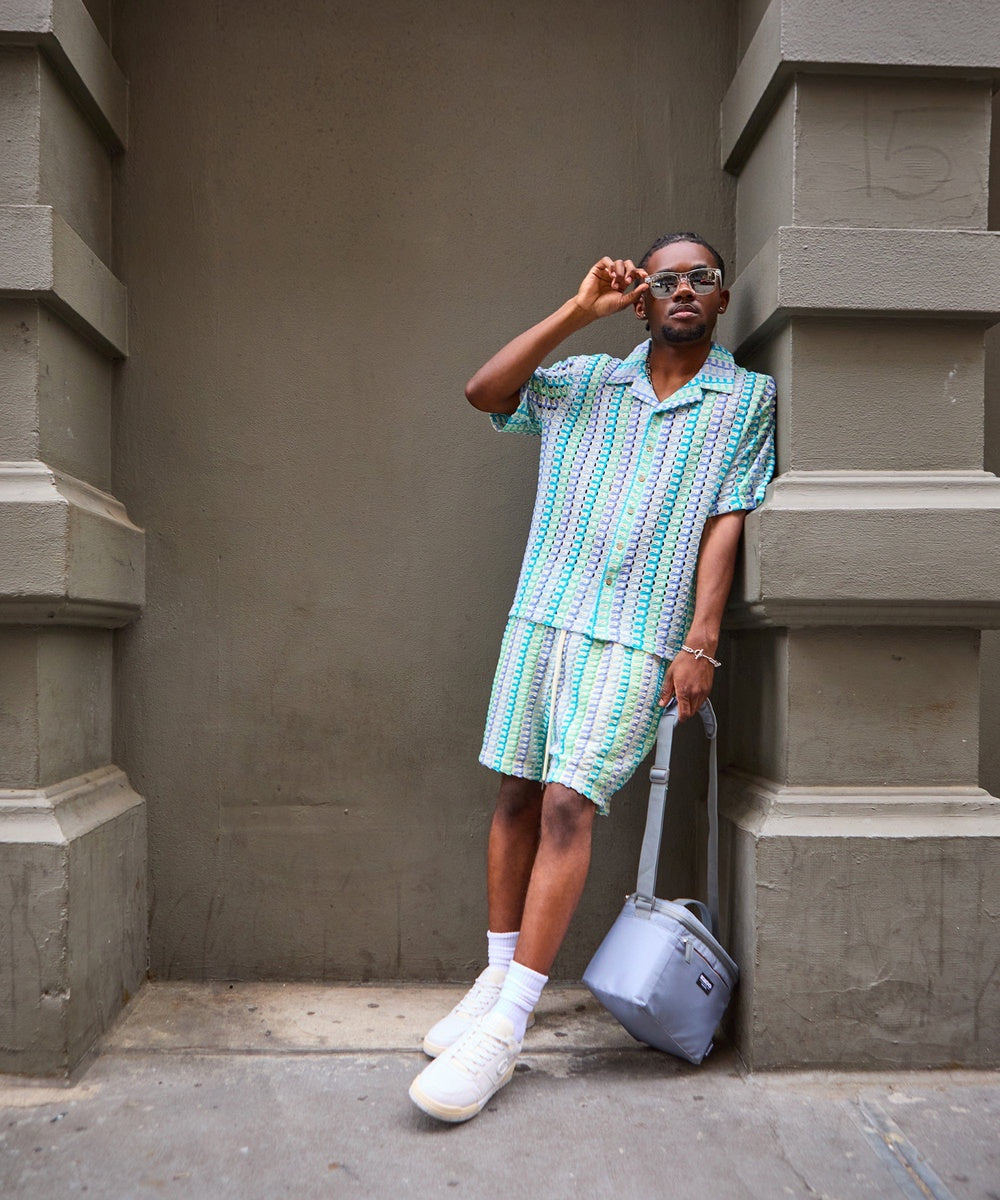 Textured Knit Short Sleeve Button Down Shirt - Light Blue - Image 25