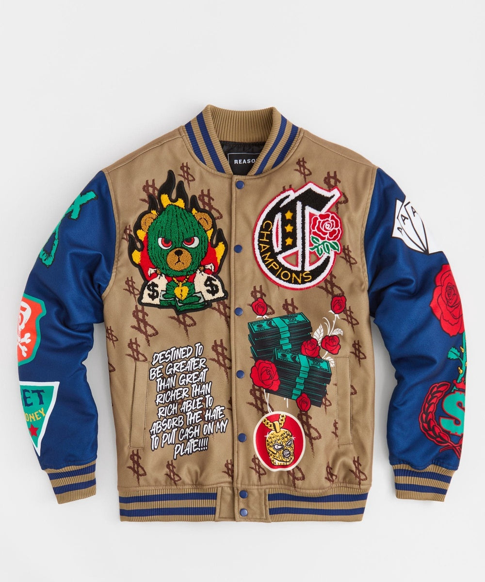 Paper Chaser Chenille Patched Varsity Jacket - Khaki - Image 3