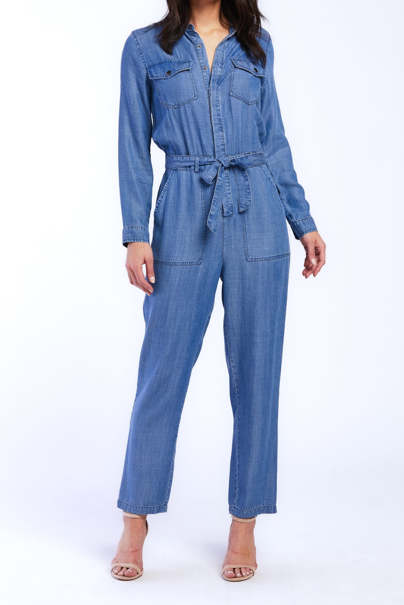 Cantrelle Long Sleeve Pull On Jumpsuit. Loose Leg. Half Button Down