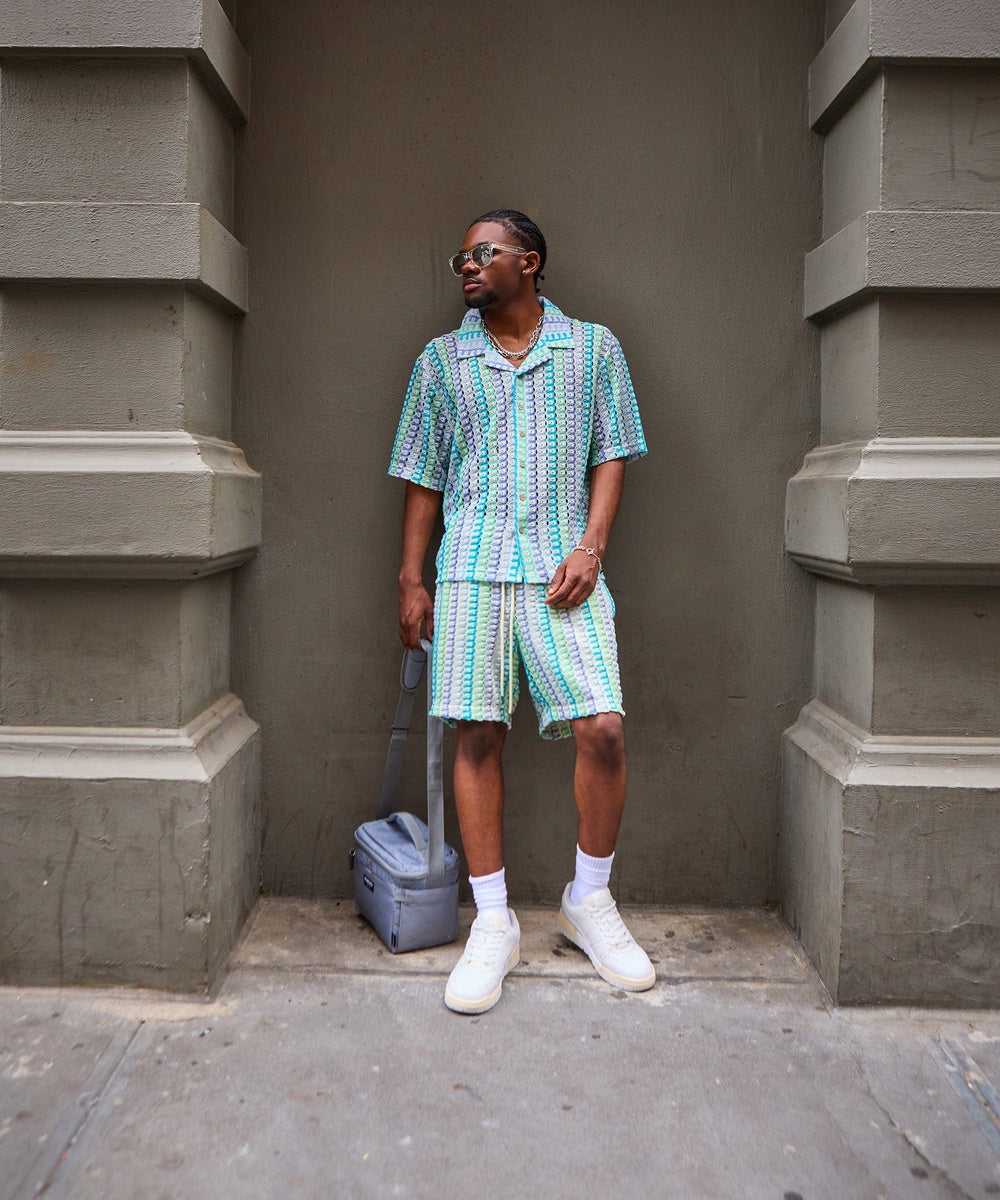 Textured Knit Short Sleeve Button Down Shirt - Light Blue - Image 28