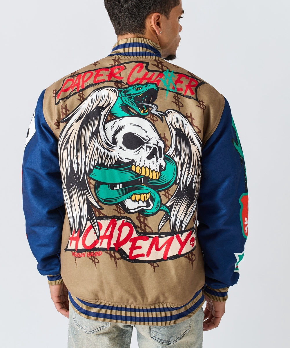 Paper Chaser Chenille Patched Varsity Jacket - Khaki - Image 7