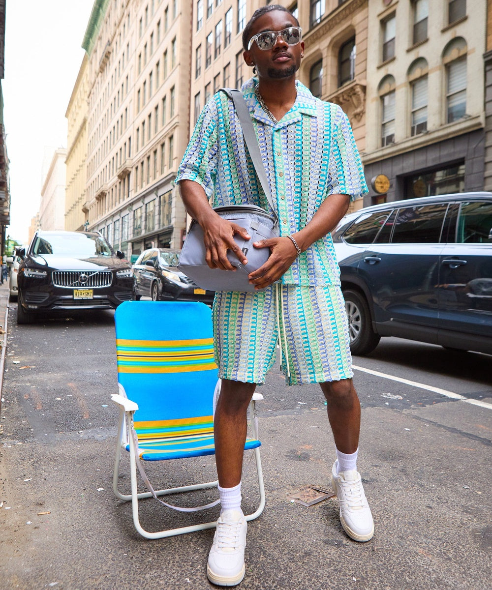Textured Knit Short Sleeve Button Down Shirt - Light Blue