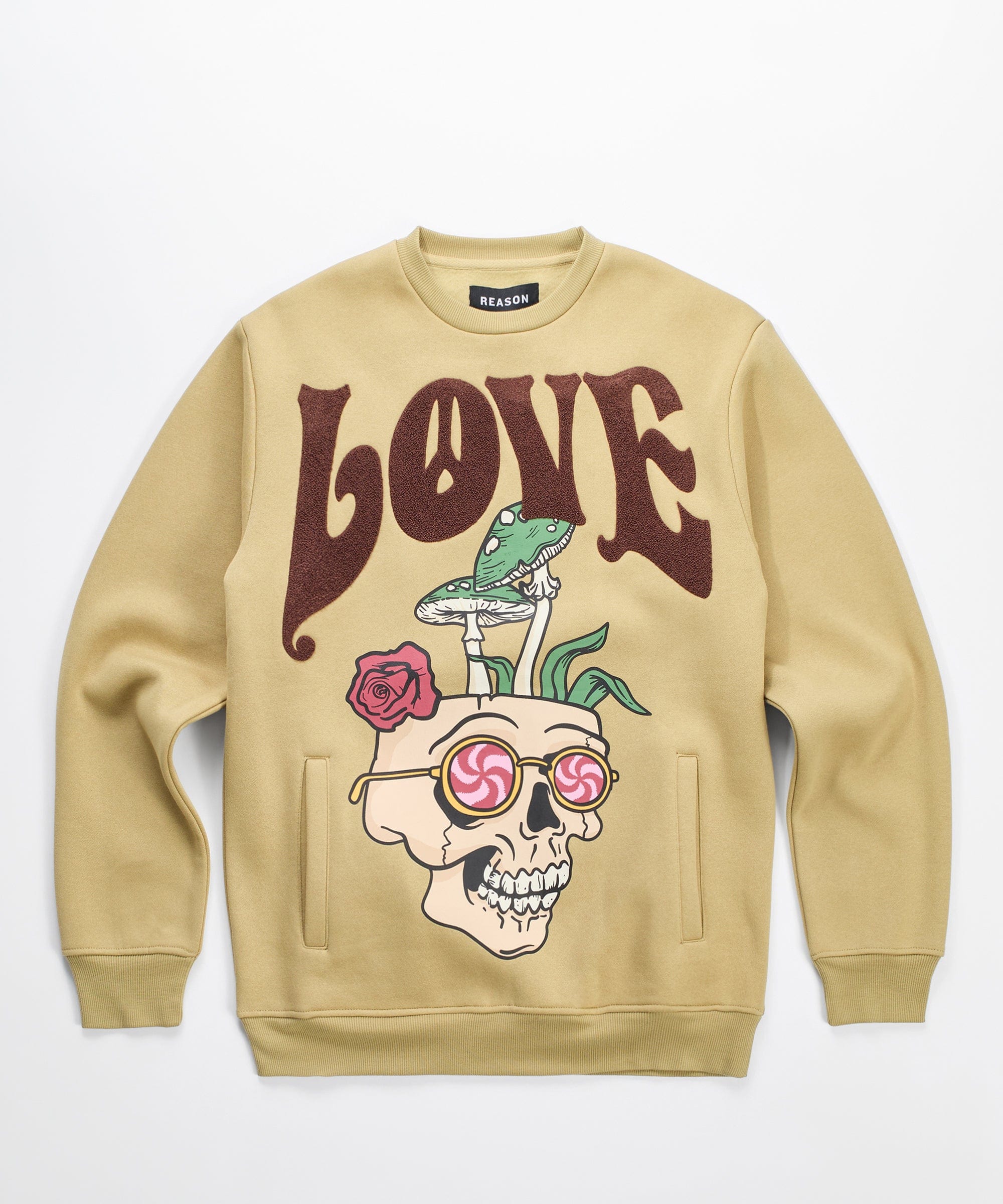 Love Hate Front and Back Chenille Patched Crewneck - Khaki - Image 3