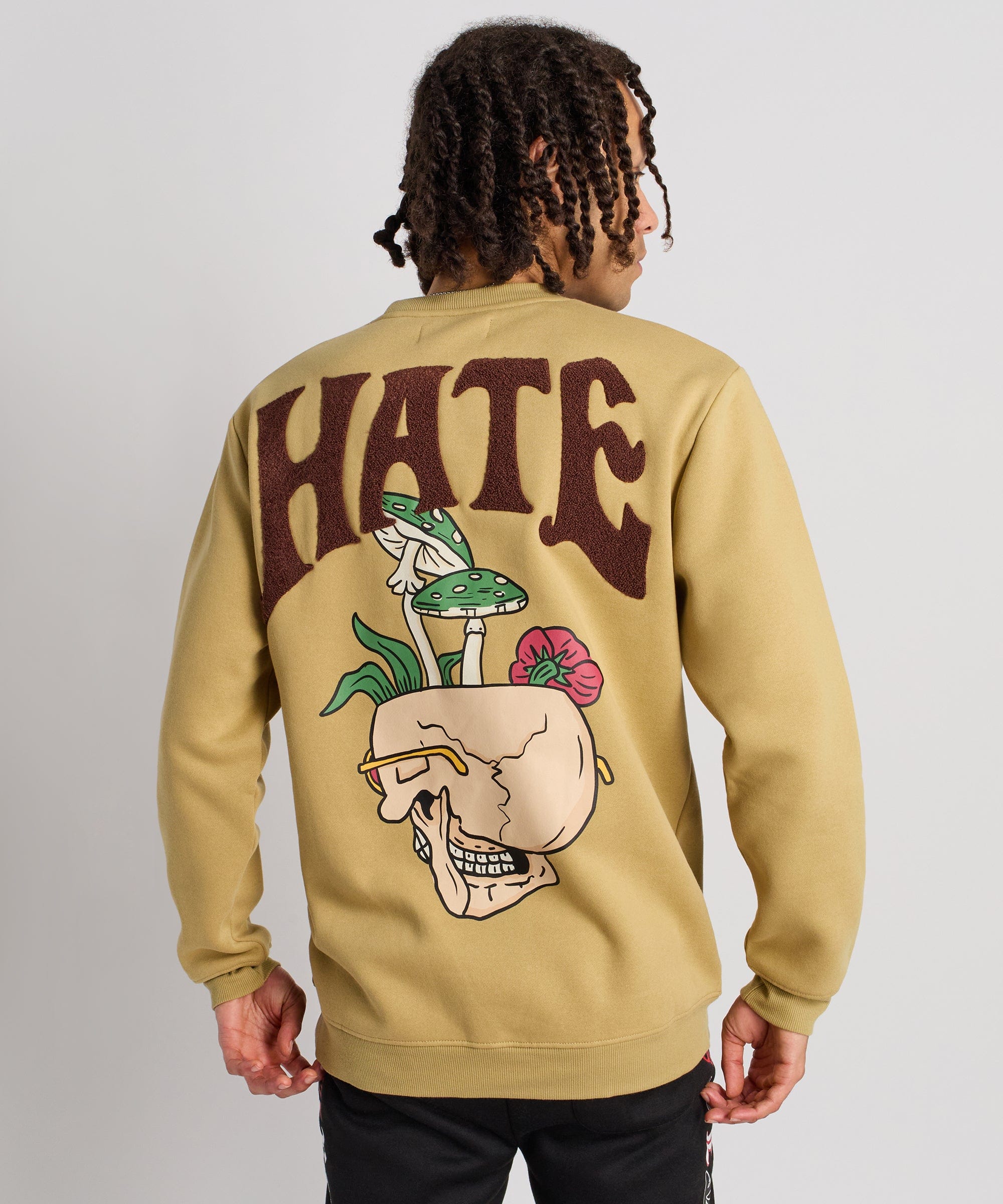 Love Hate Front and Back Chenille Patched Crewneck - Khaki - Image 2