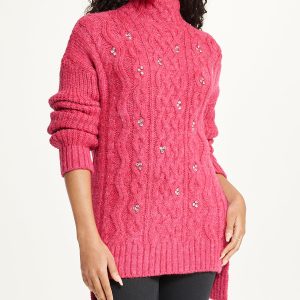 Bejewelled Cable Mock Neck Sweater