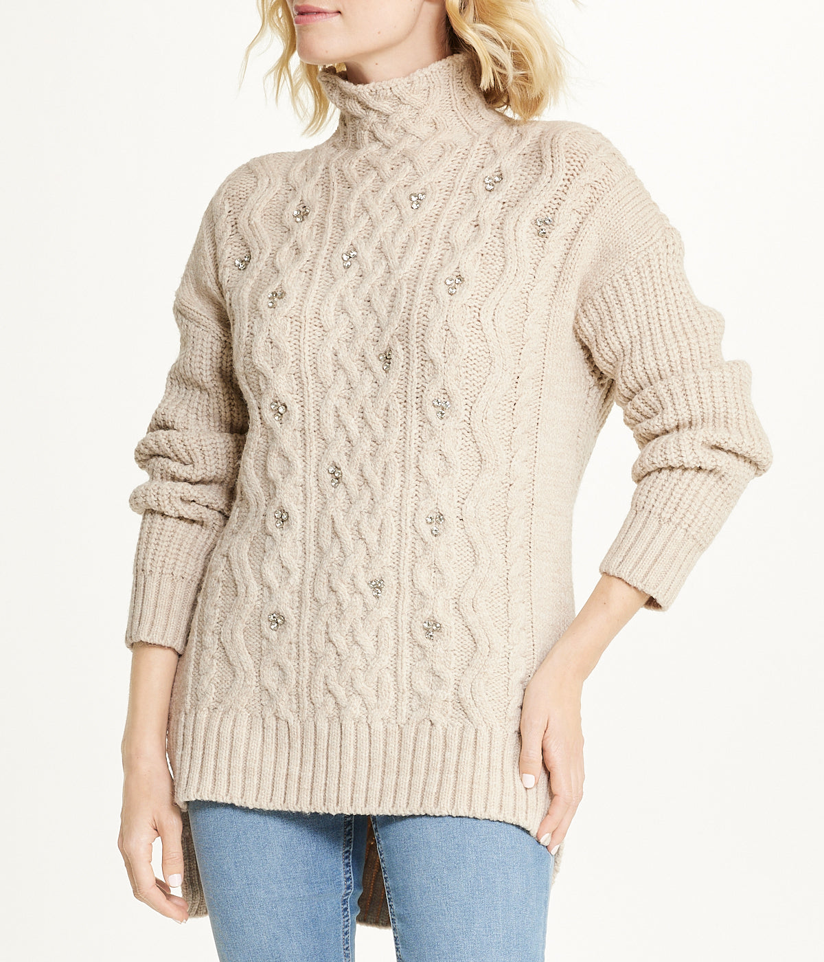 Bejewelled Cable Mock Neck Sweater - Image 5