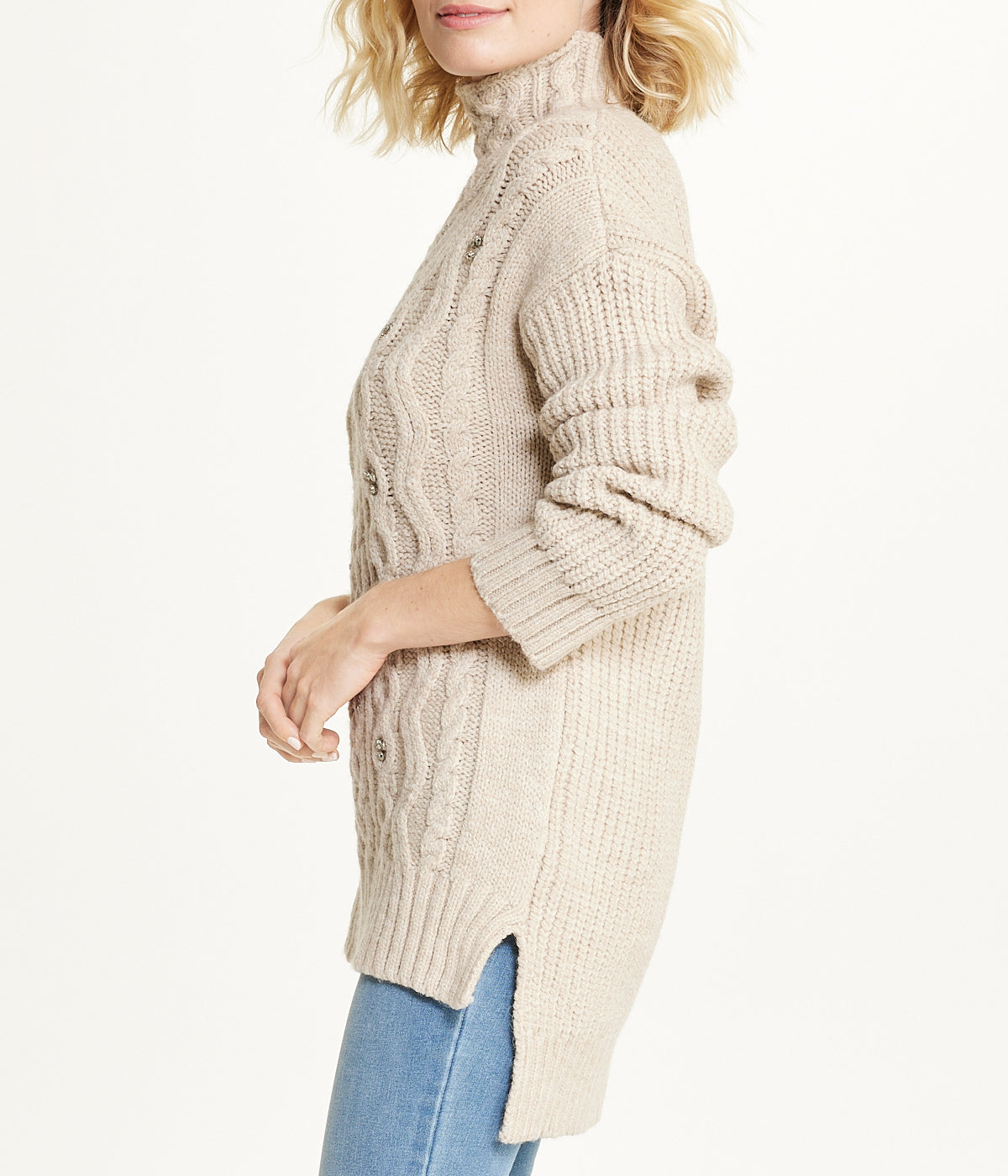 Bejewelled Cable Mock Neck Sweater - Image 4