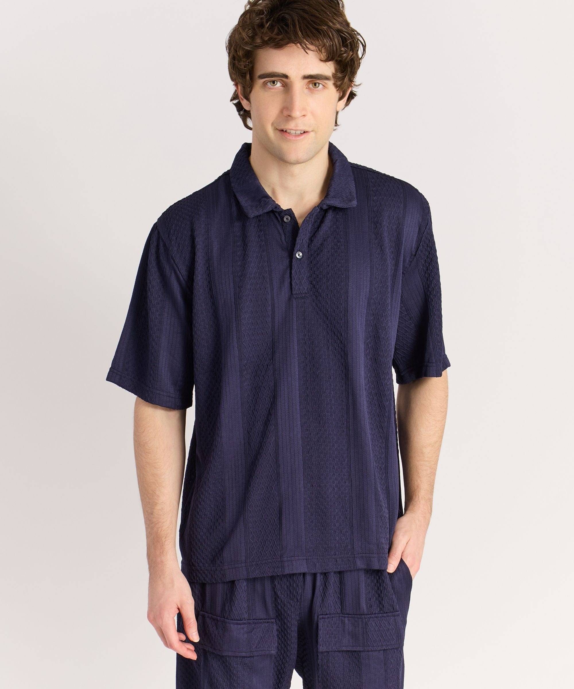 Jacquard Knit Textured Polo Shirt - Navy - Image 2