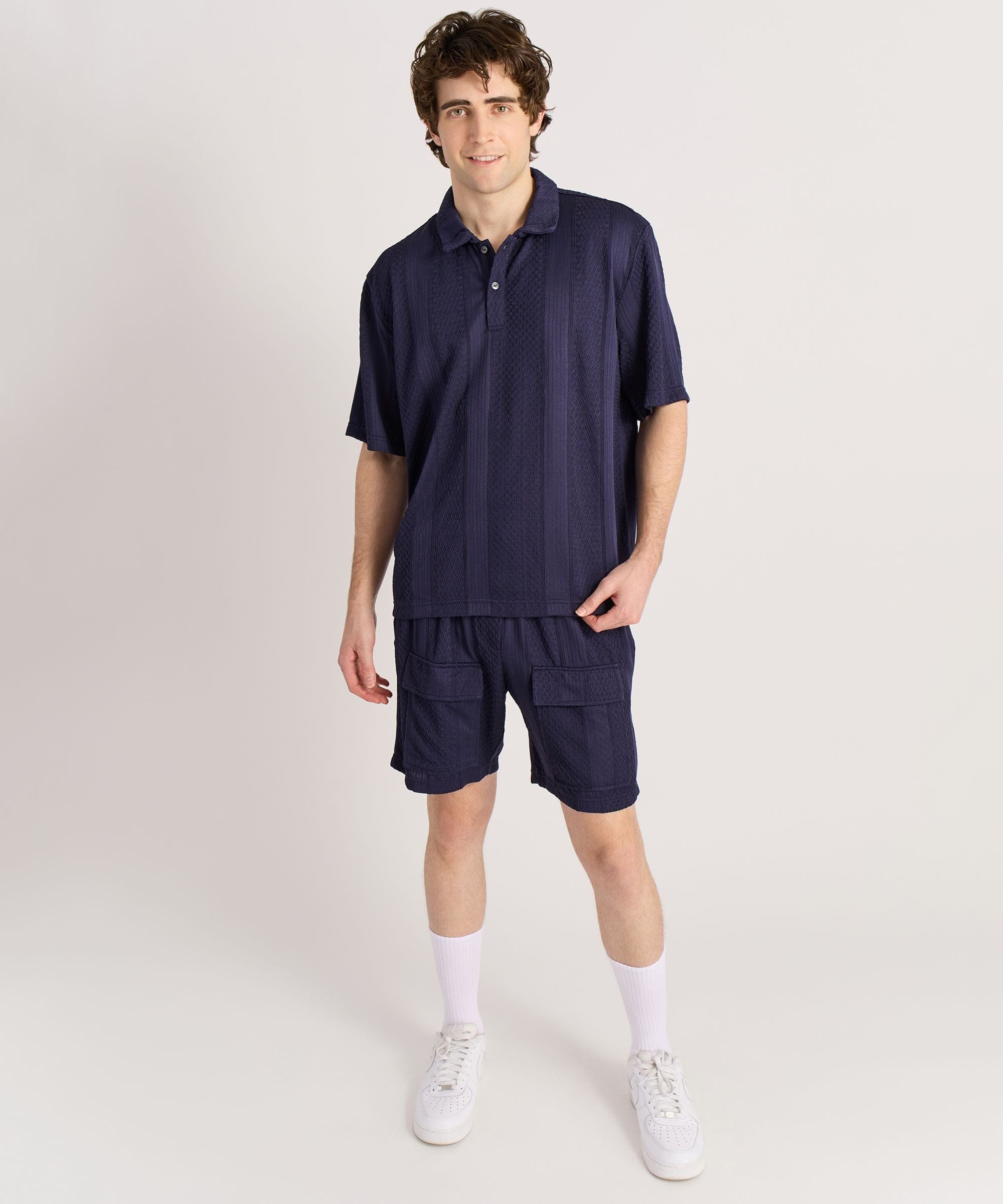 Jacquard Knit Textured Polo Shirt - Navy - Image 4