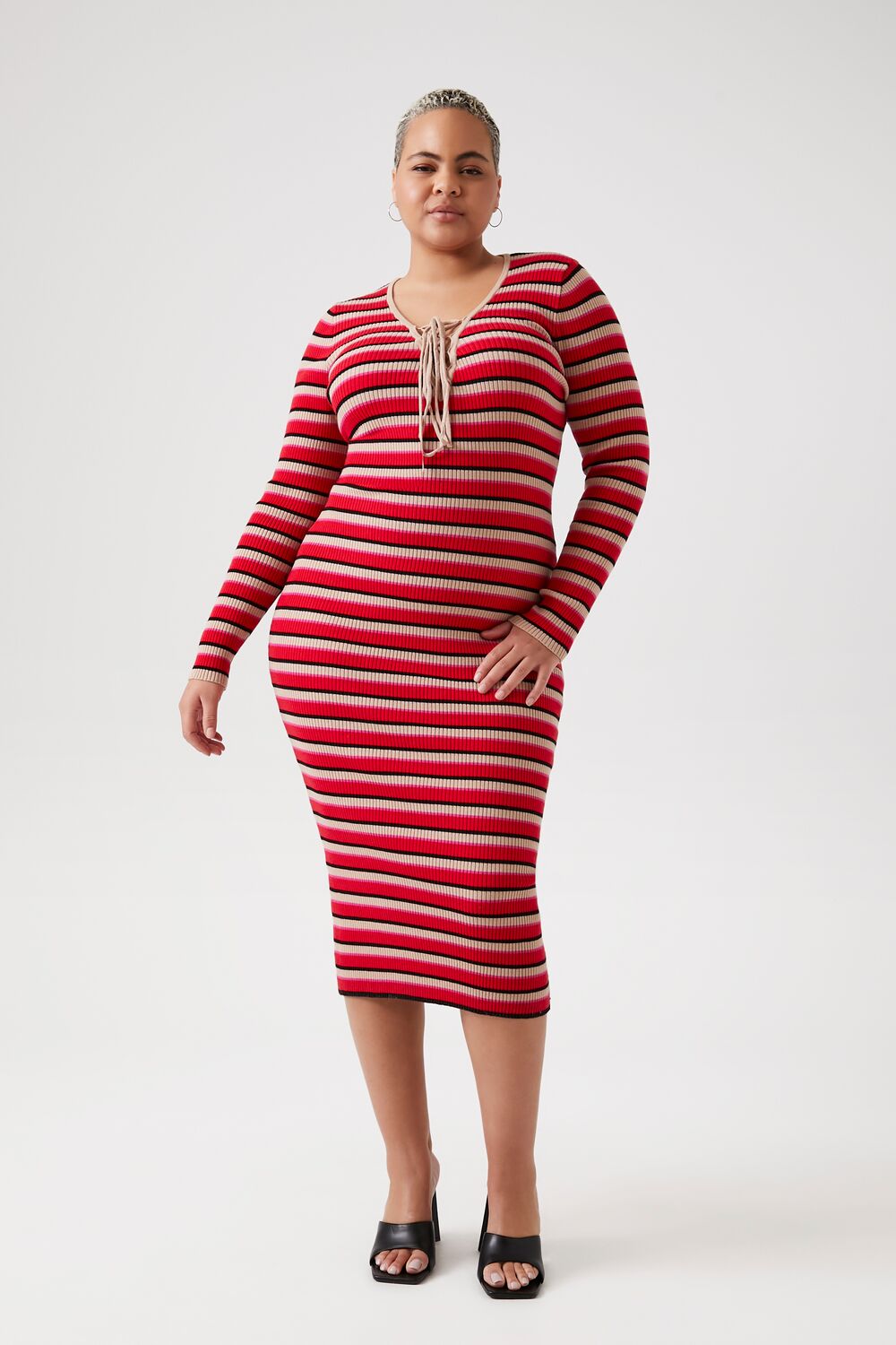 Plus Size Striped Lace-Up Sweater Dress - Image 4