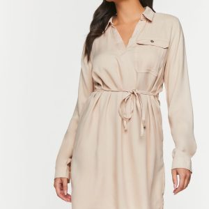 V-Neck Belted Shirt Dress