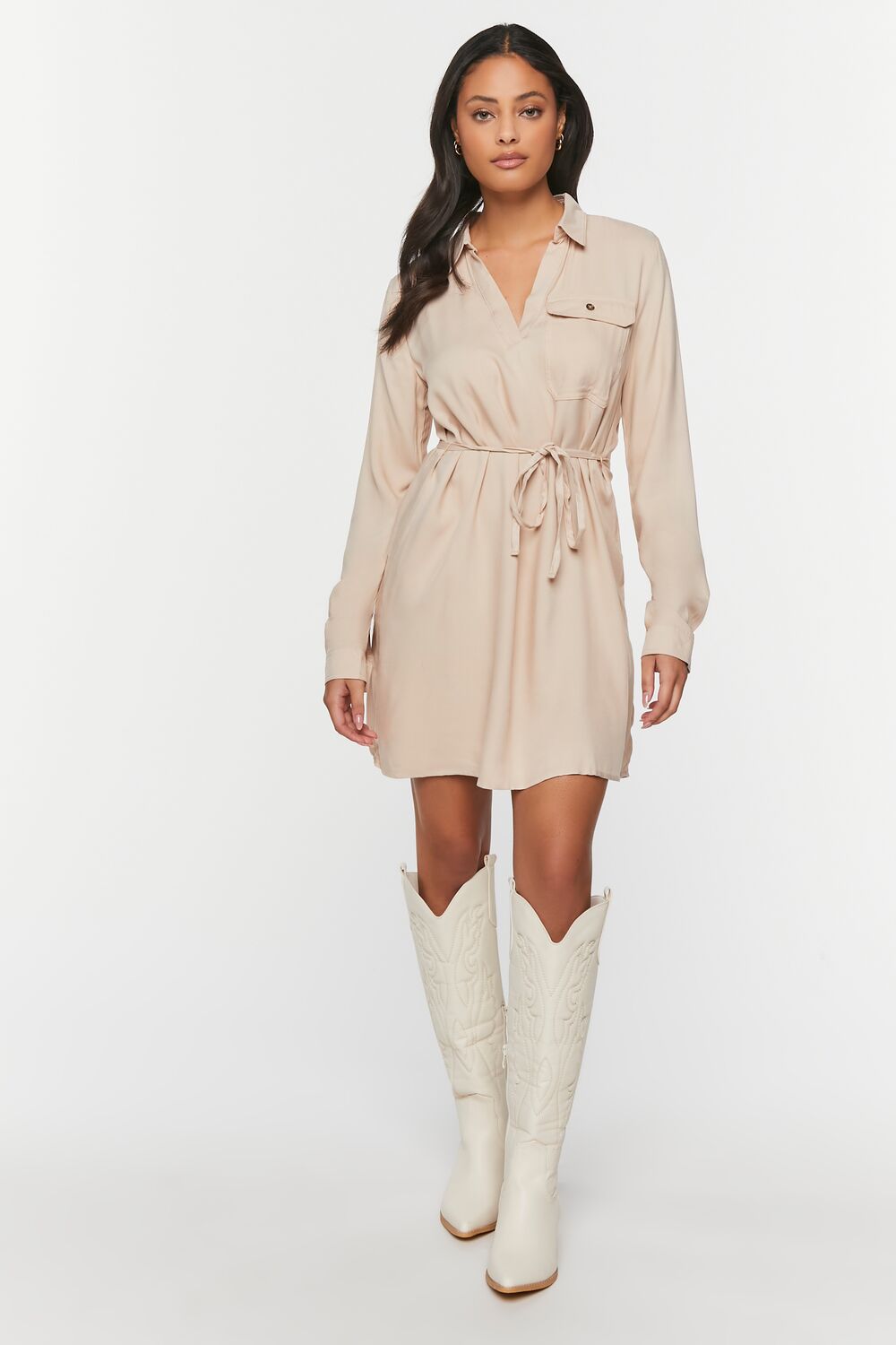 V-Neck Belted Shirt Dress - Image 4