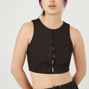 Button-Front Mesh Crop Top