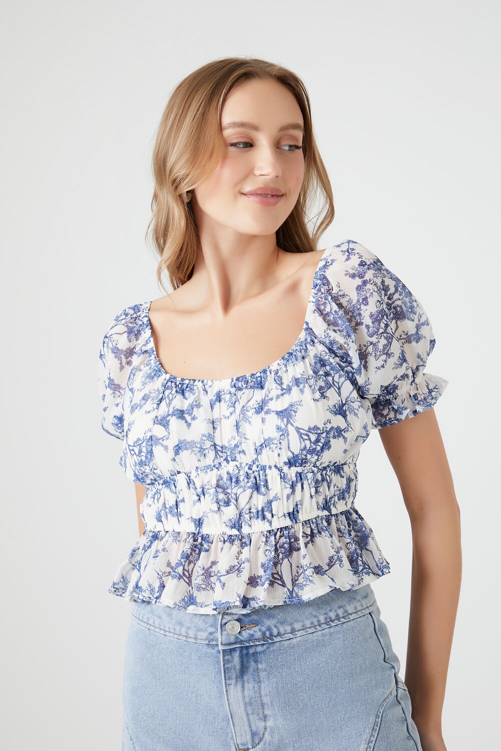 Floral Print Puff-Sleeve Top - Image 3