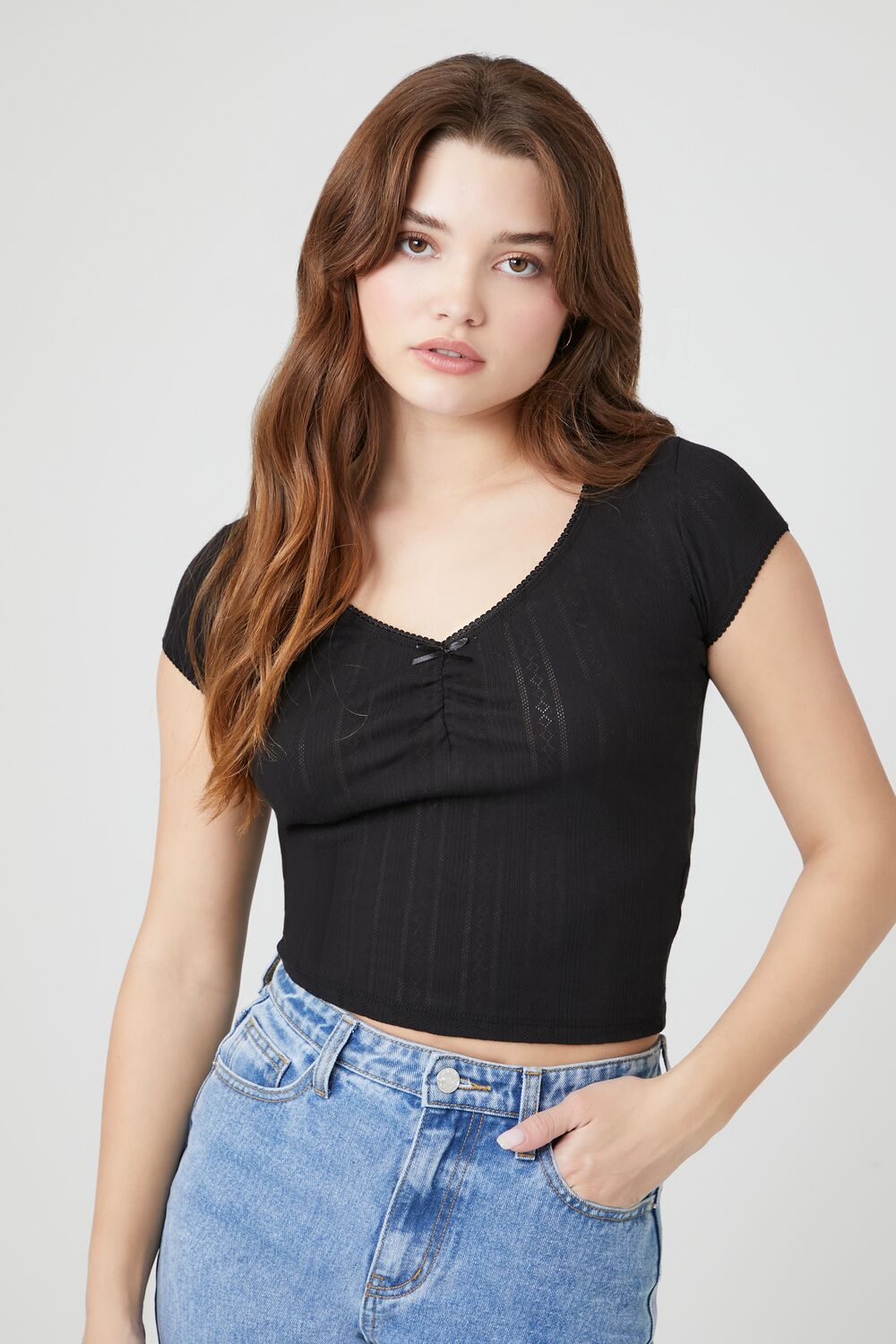 Cropped Pointelle Knit Tee